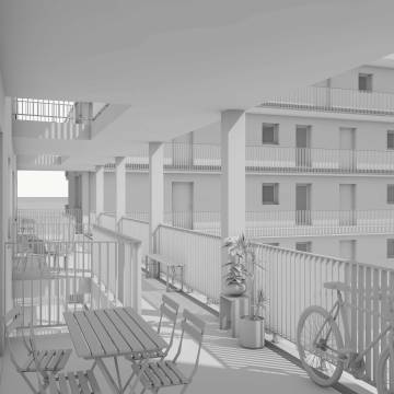Belebter Laubengang im Stadtquartier Waldhäuser-Ost